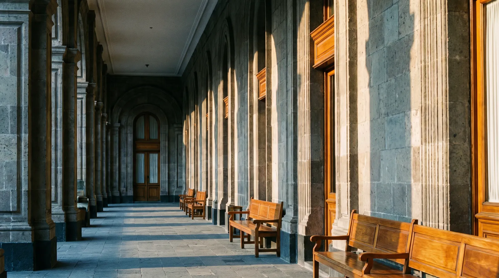 Columnata de piedra de un edificio administrativo mexicano a contraluz de la tarde.