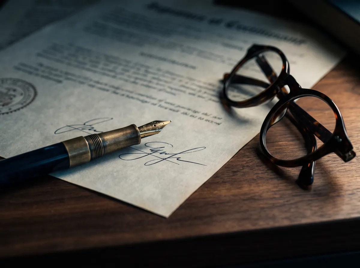 Pluma fuente sobre un documento firmado, junto a unos anteojos de lectura.