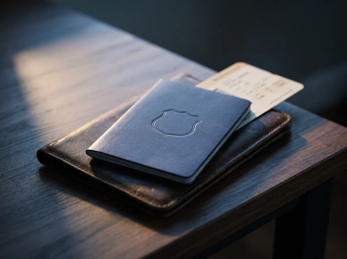 Pasaporte azul cerrado sobre una carpeta de piel con un pase de abordar.
