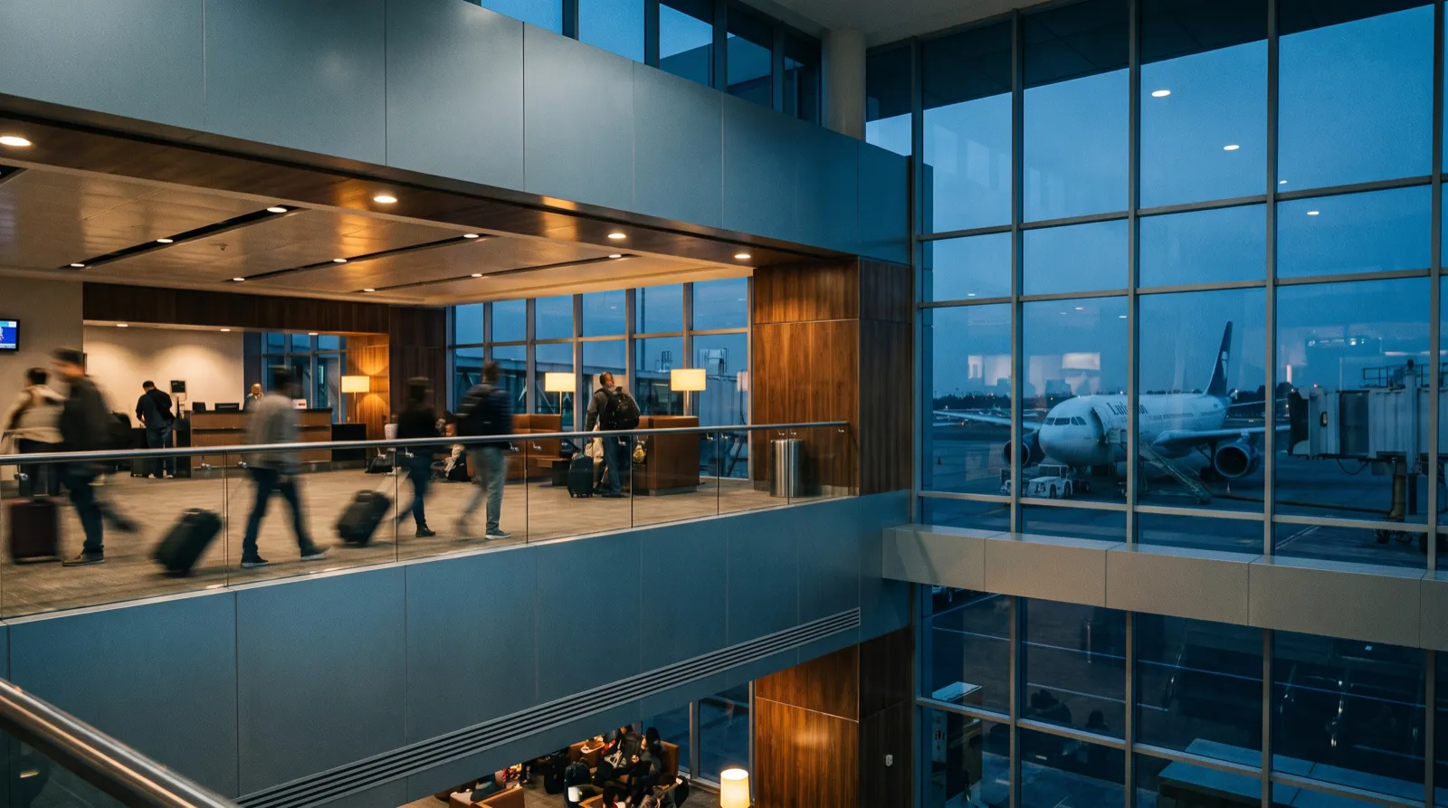 Sala de salidas de un aeropuerto internacional en Ciudad de México al anochecer.