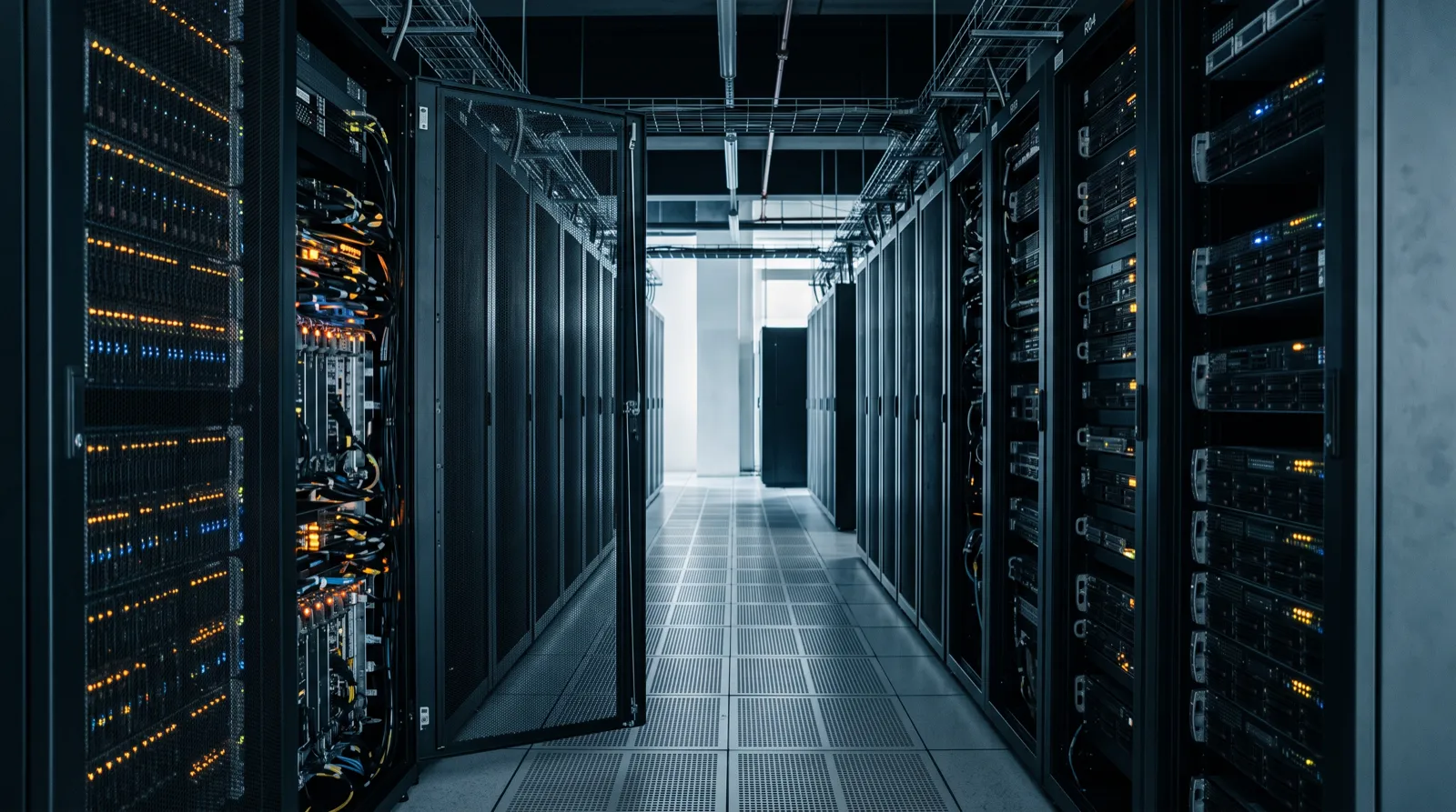 Pasillo de racks de servidores en un centro de datos con luces indicadoras.