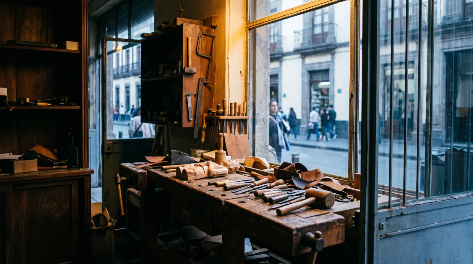 Banco de trabajo de un taller artesanal en Ciudad de México con luz del escaparate.