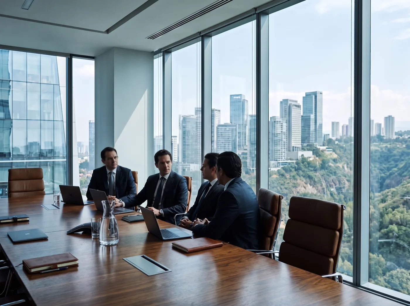 Reunión de trabajo en una sala de juntas con vista al distrito de Santa Fe, Ciudad de México.